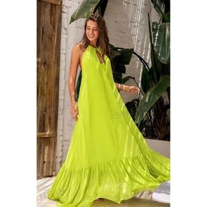 Love & Lemonade Lime Green Halter Backless Maxi Dress Ruffle Hem Size Medium NEW